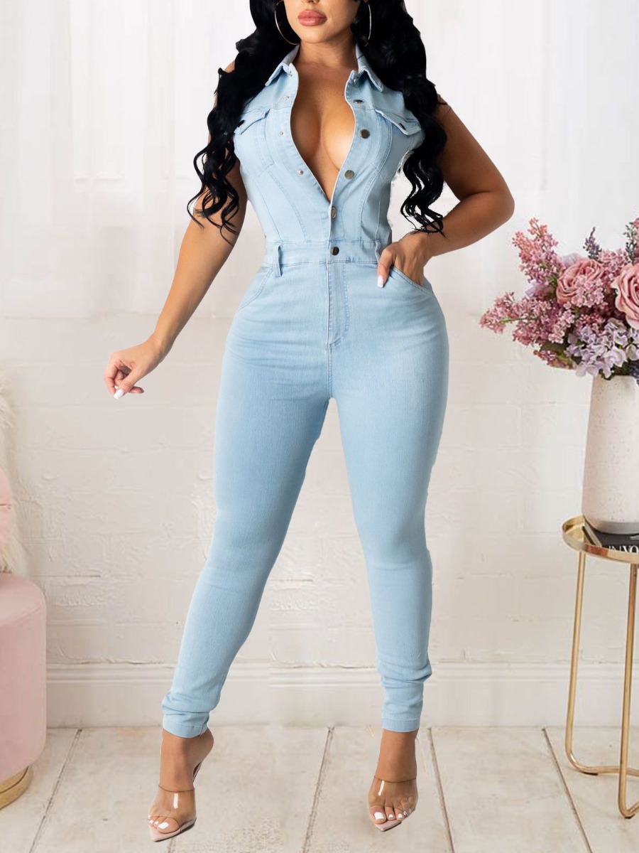 

Lovely Casual Turndown Collar Button Design Baby Blue One-piece Denim Jumpsuit