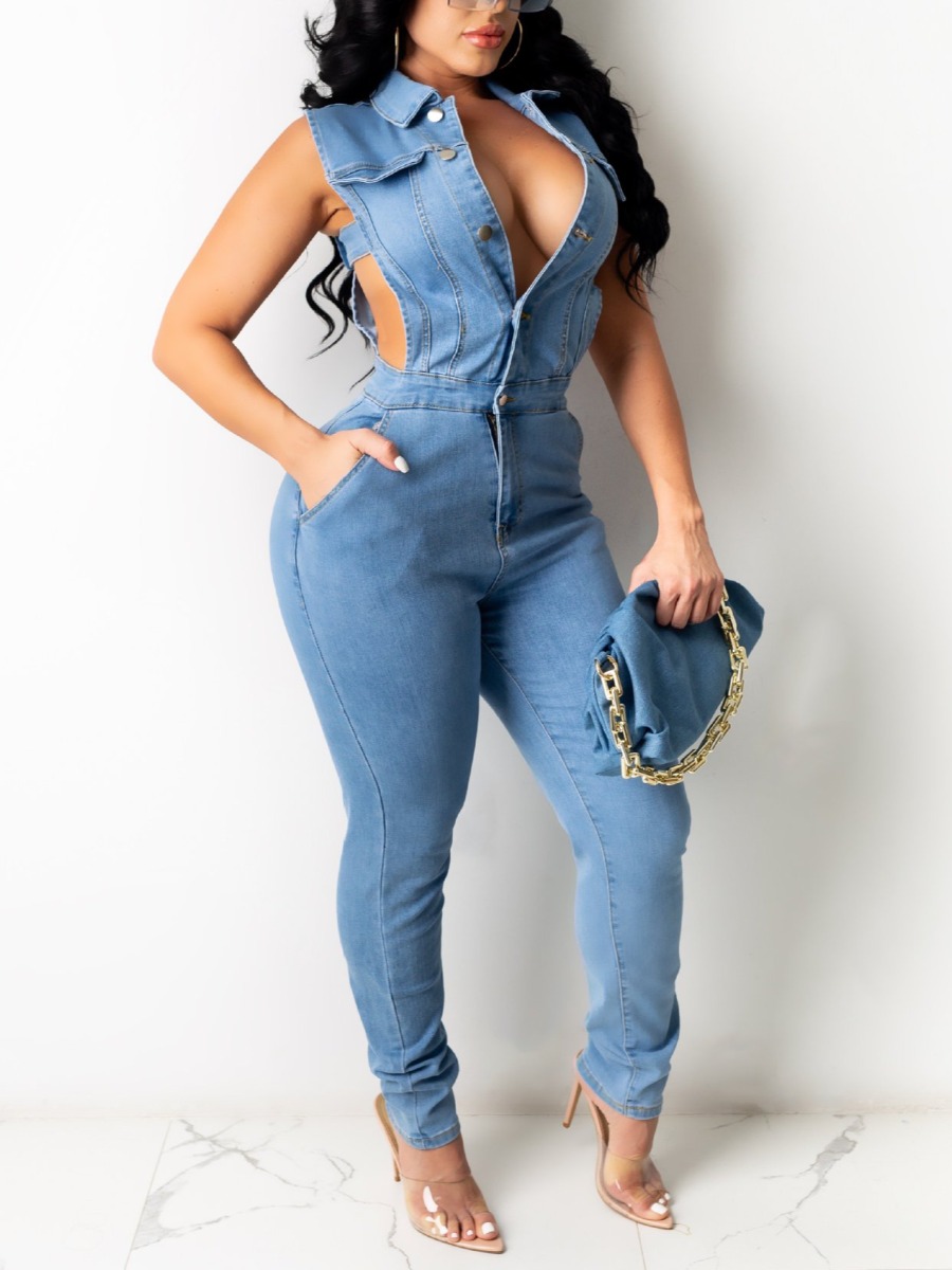 

LW Casual Hollow-out Button Design Baby Blue One-piece Denim Jumpsuit