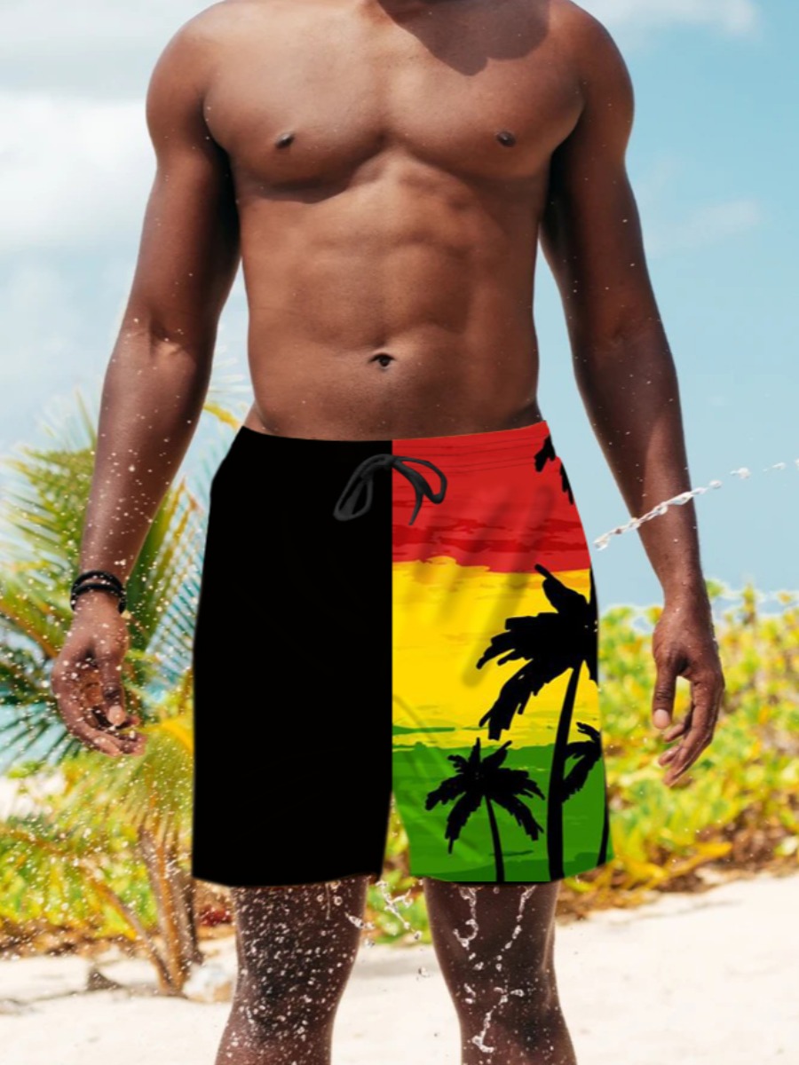 

LW Men Boho Plant Print Patchwork Black Swimming Trunk