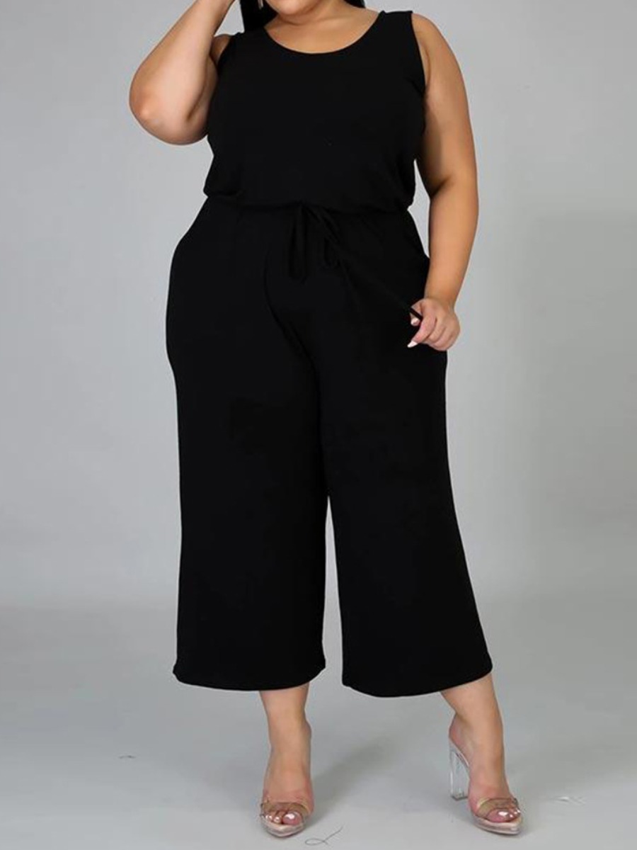 

Lovely Plus Size Casual U Neck Drawstring Black One-piece Jumpsuit