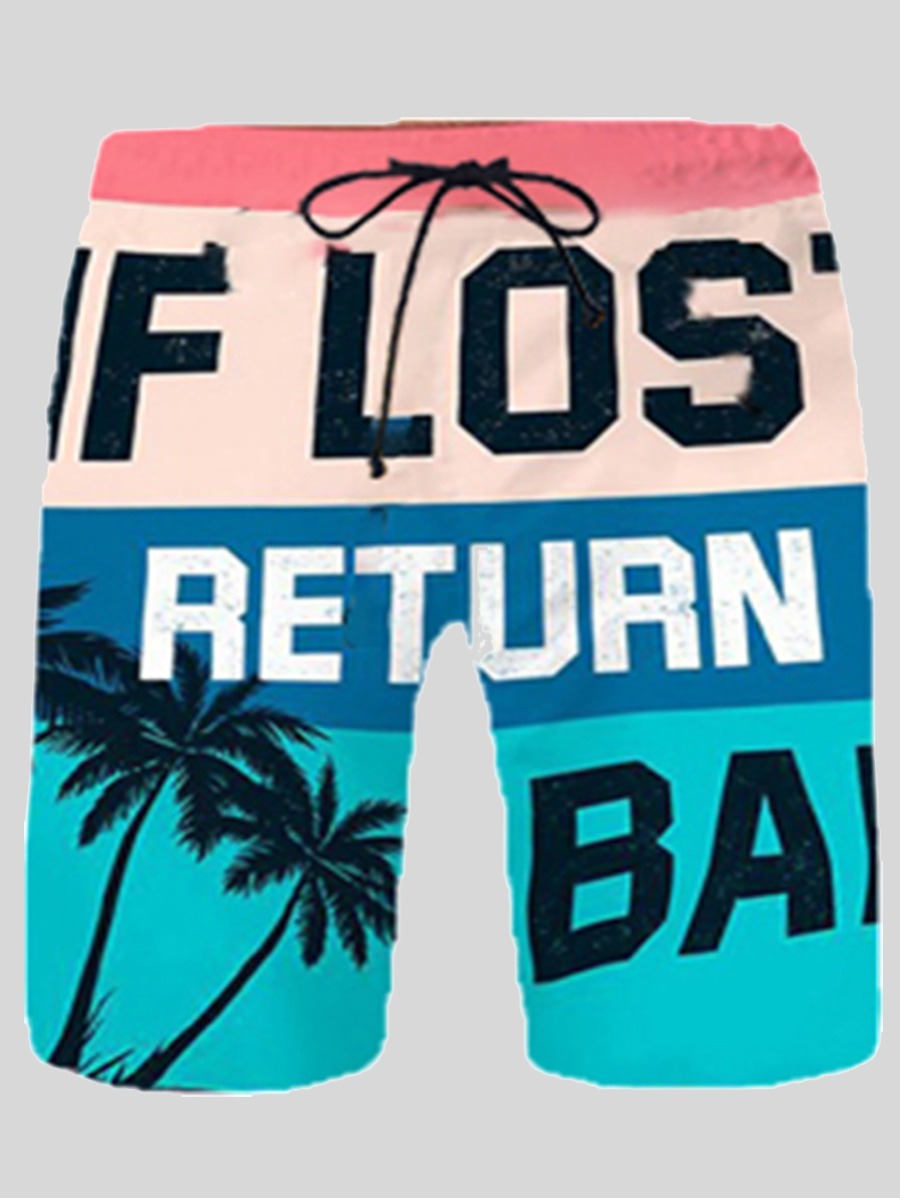 

LW Men Boho Letter Print Striped Blue Swimming Trunk