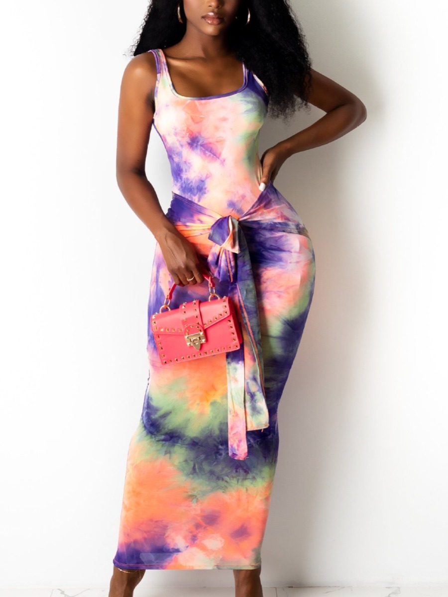 

Lovely Street Tie-dye Bandage Design Purple Ankle Length Dress