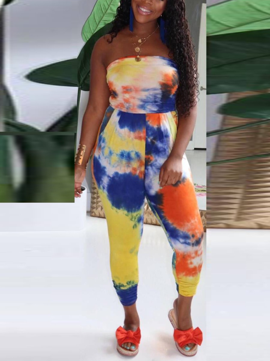 

Lovely Street Off The Shoulder Tie-dye Yellow One-piece Jumpsuit