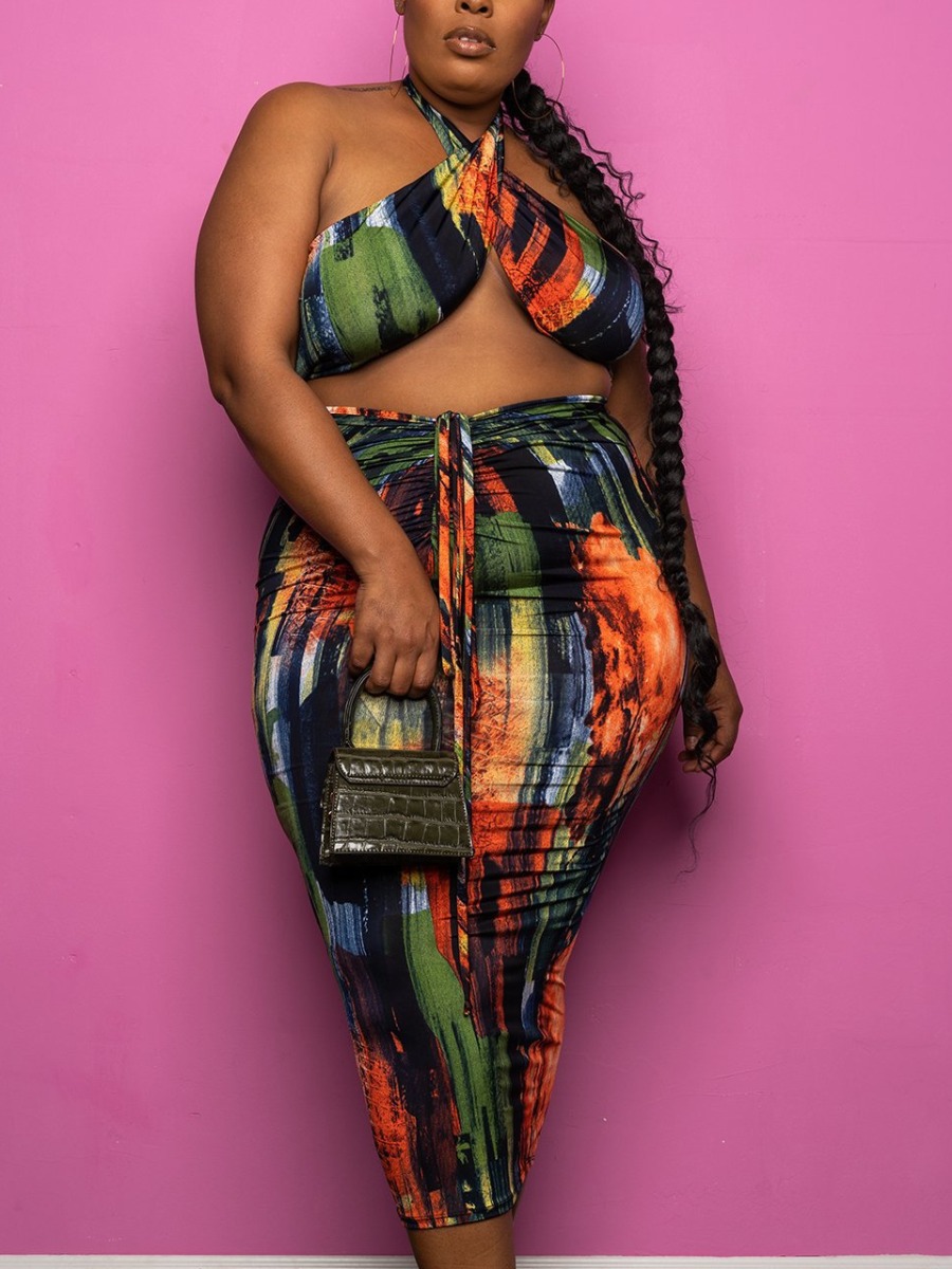 

LW Plus Size Boho Tie-dye Bandage Design Black Green Two-piece Skirt Set