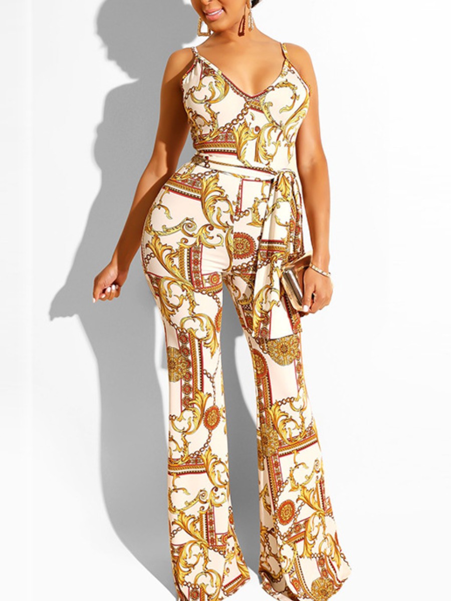 

Lovely Sweet Chain Print Bandage Design White One-piece Jumpsuit