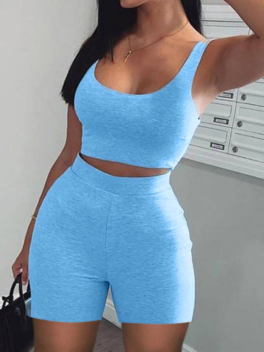 

Lovely Casual U Neck Elastic Blue Two Piece Shorts Set