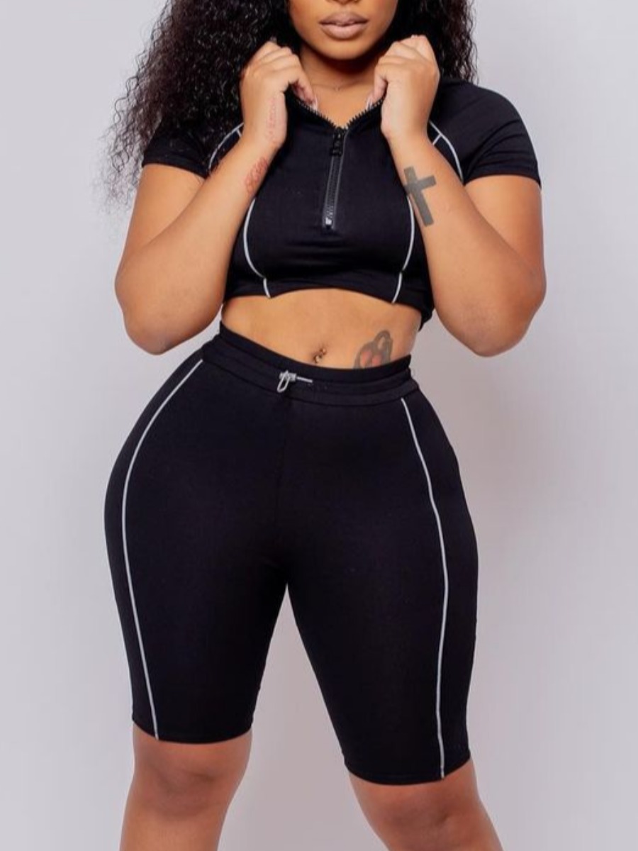 

Lovely Sporty Striped Zipper Design Black Two Piece Shorts Set