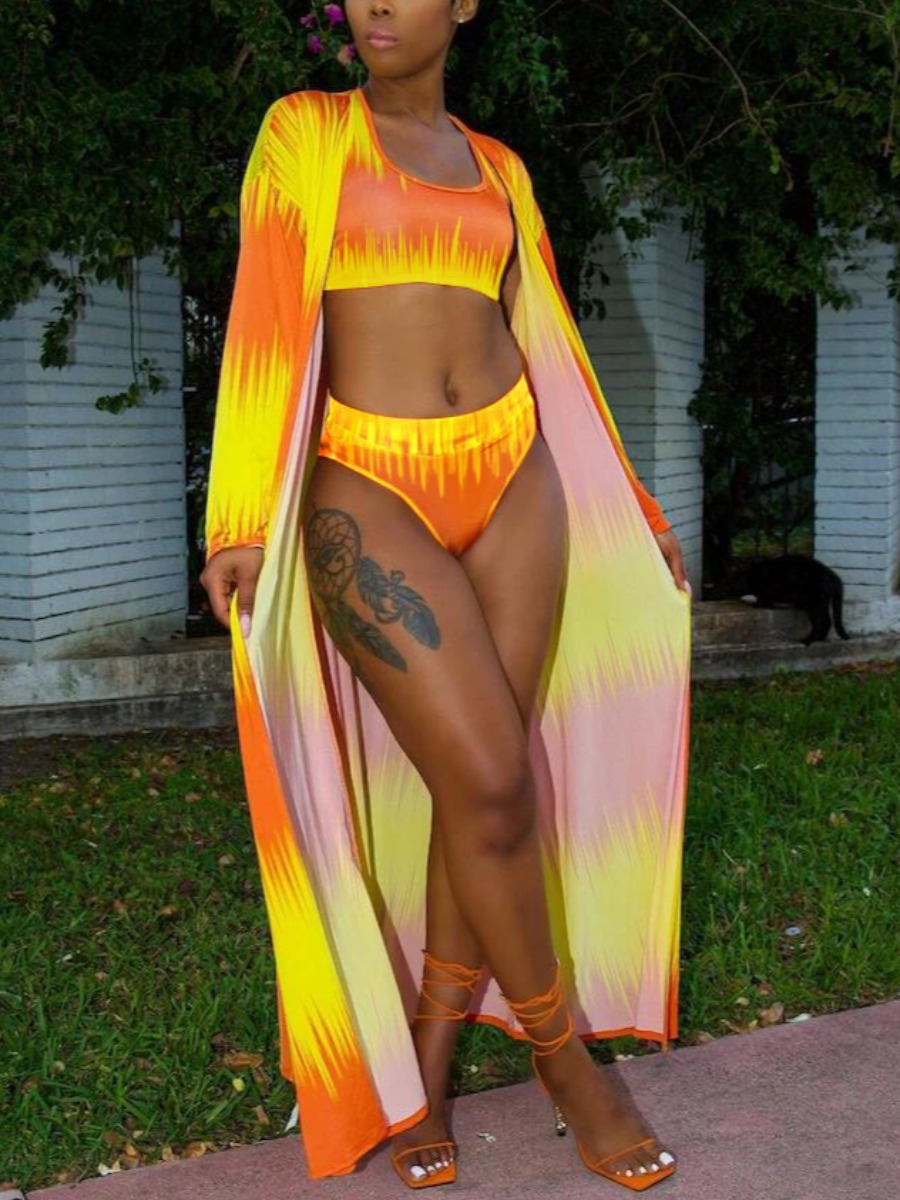 

Lovely Boho Tie-dye Cross Strap Yellow Three-piece Swimsuit