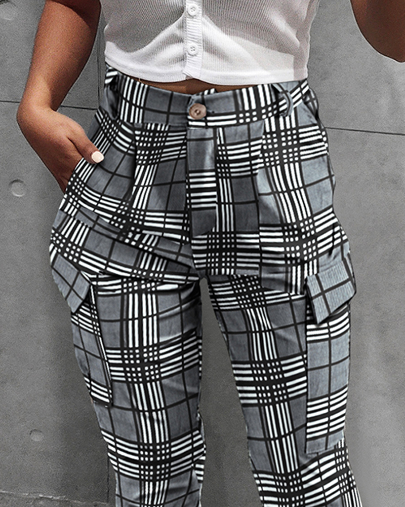 

Lovely Street Plaid Print Side Pocket Grey Pants
