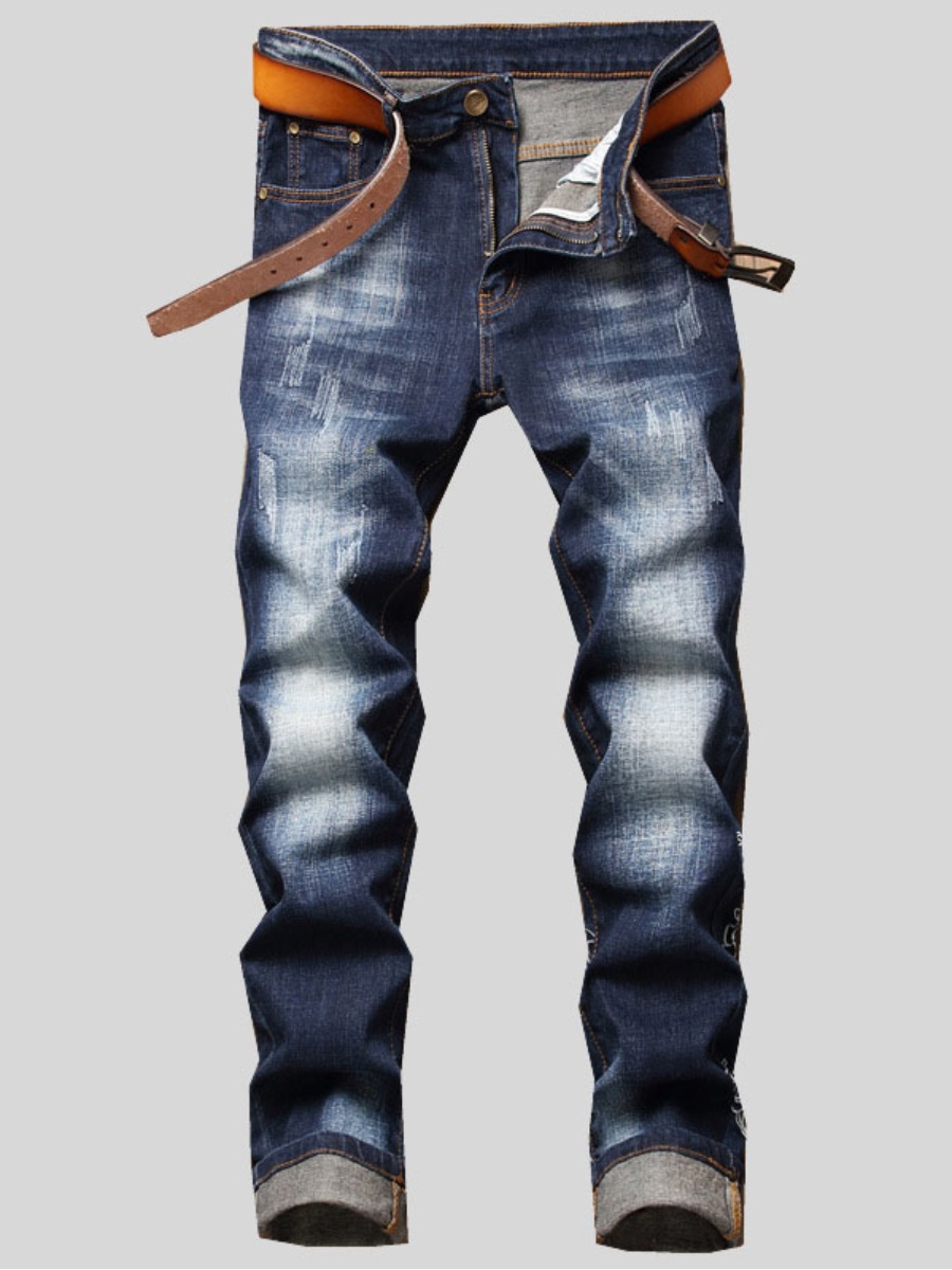 

Lovely Men Casual Mid Waist Graffiti Decoration Deep Blue Jeans