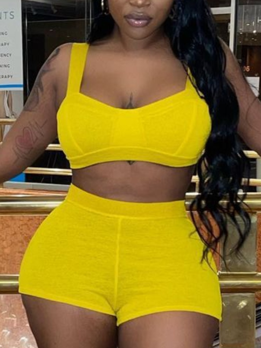 

Lovely Casual U Neck Basic Skinny Yellow Two Piece Shorts Set