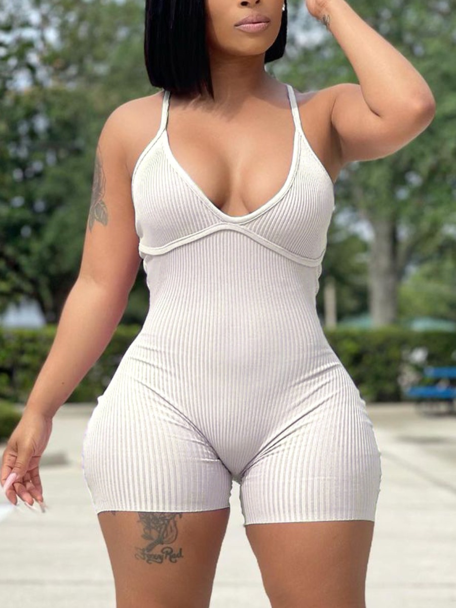 LW Casual Backless Rib-Knit White One-piece Romper