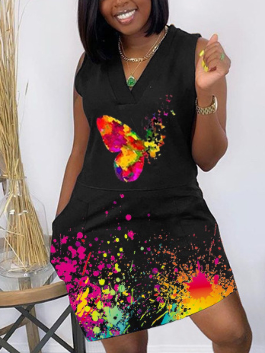 

Lovely Street Butterfly Print Splash-ink Design Pitch-black Mini Dress