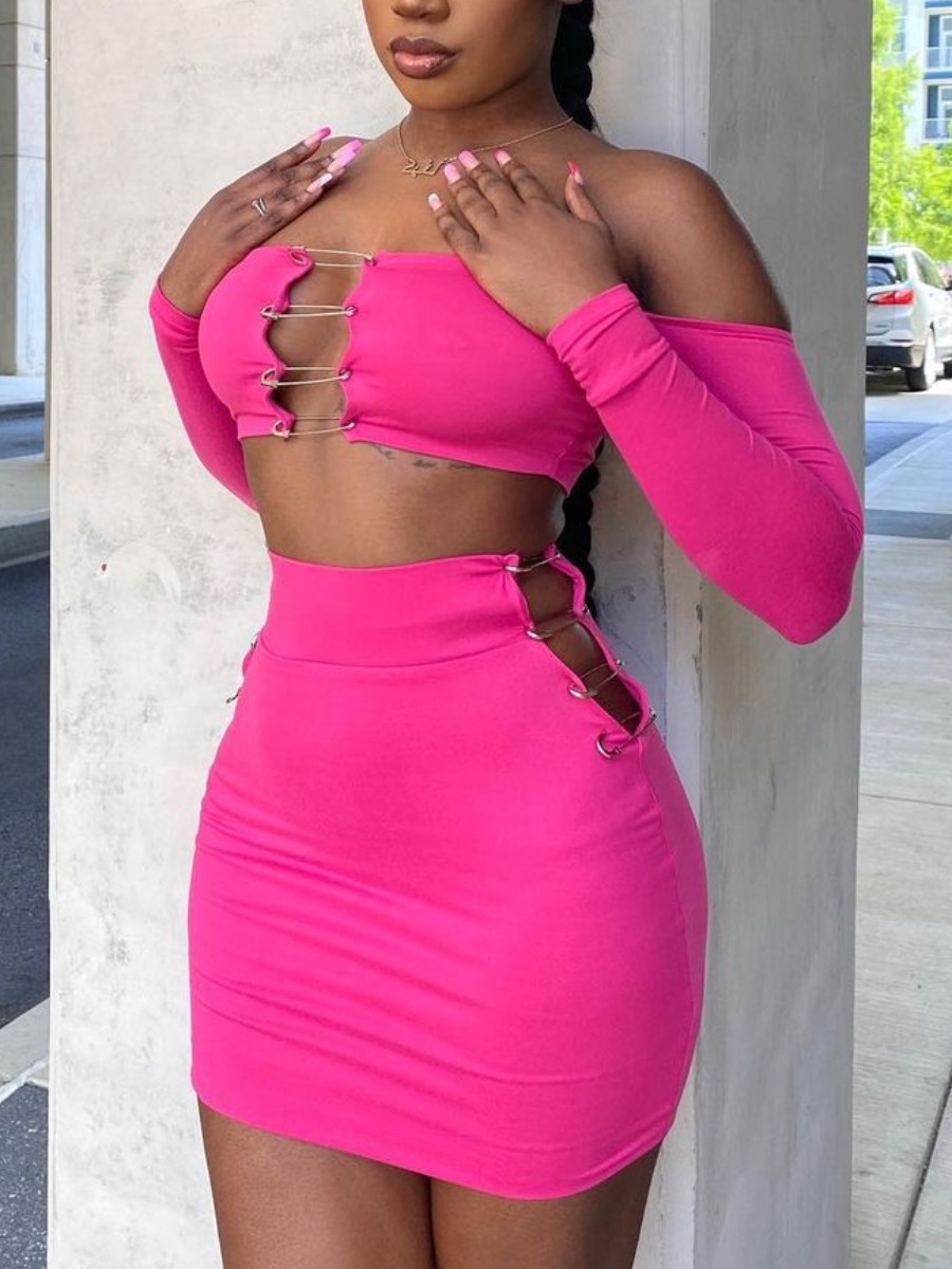 

Lovely Sexy Pin Hollow-out Design Rose Red Two Piece Skirt Set