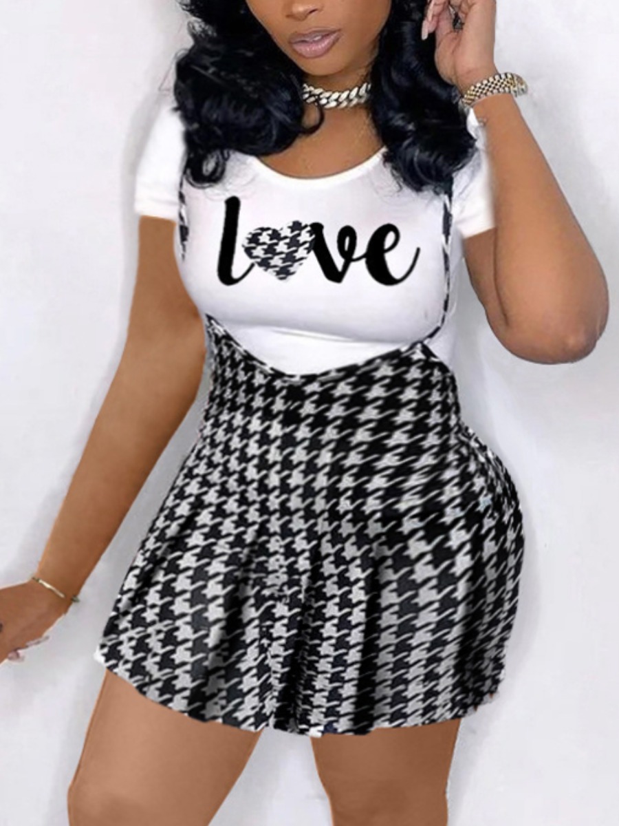 

Lovely Plus Size Sweet Plaid Letter Print Overall Black Two-piece Skirt Set