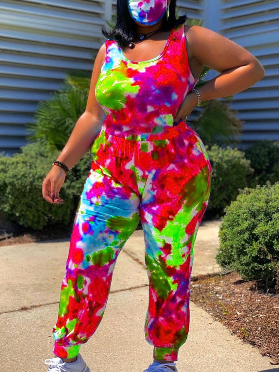 

Lovely Plus Size Street U Neck Tie-dye Red One-piece Jumpsuit (Without Mask)