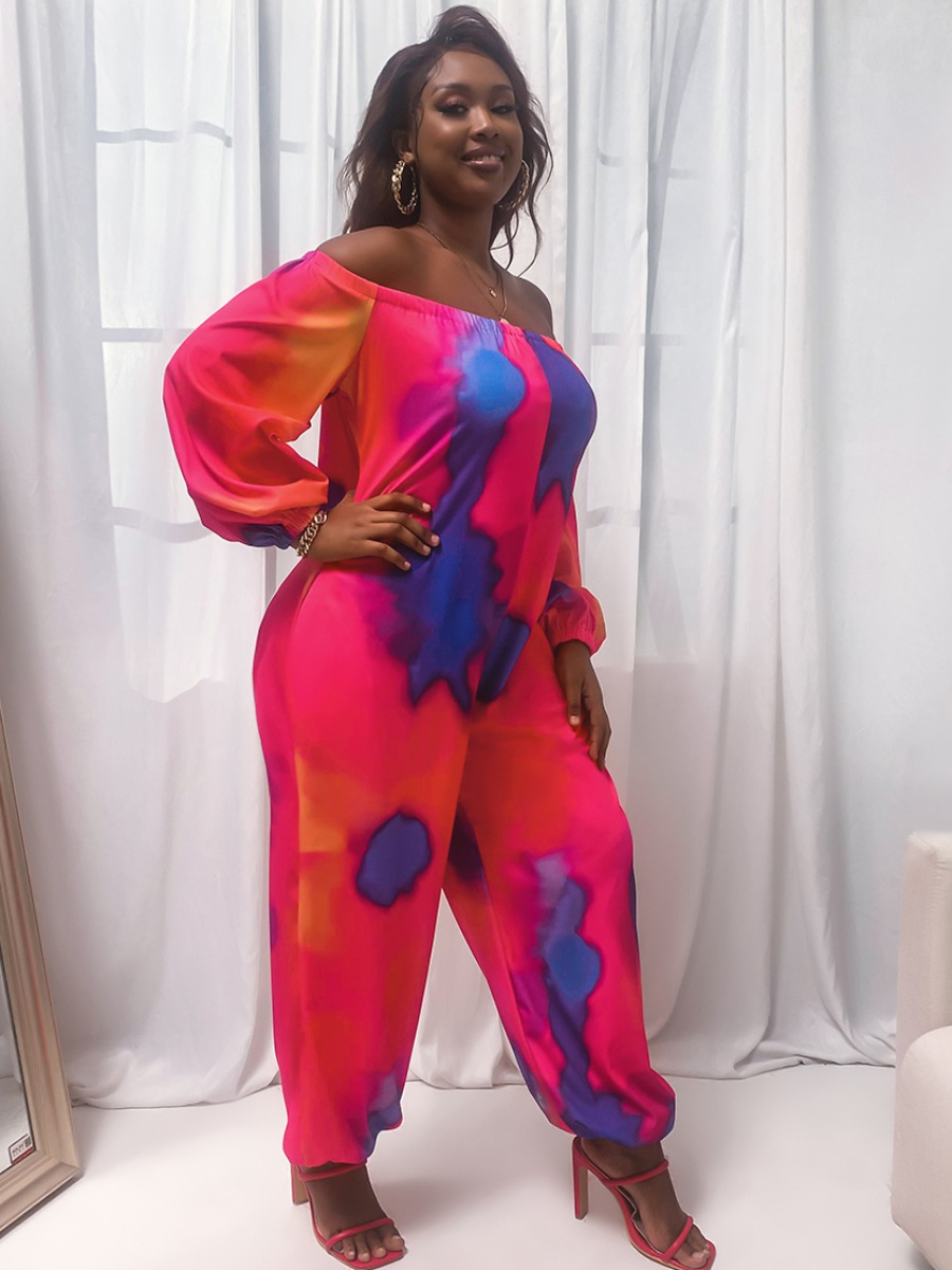 

Lovely Plus Size Street Off The Shoulder Tie-dye Pink One-piece Jumpsuit