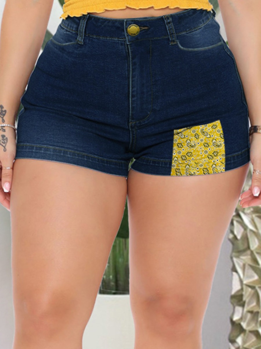 

LW Plus Size Street High-waisted Patchwork Deep Blue Denim Shorts