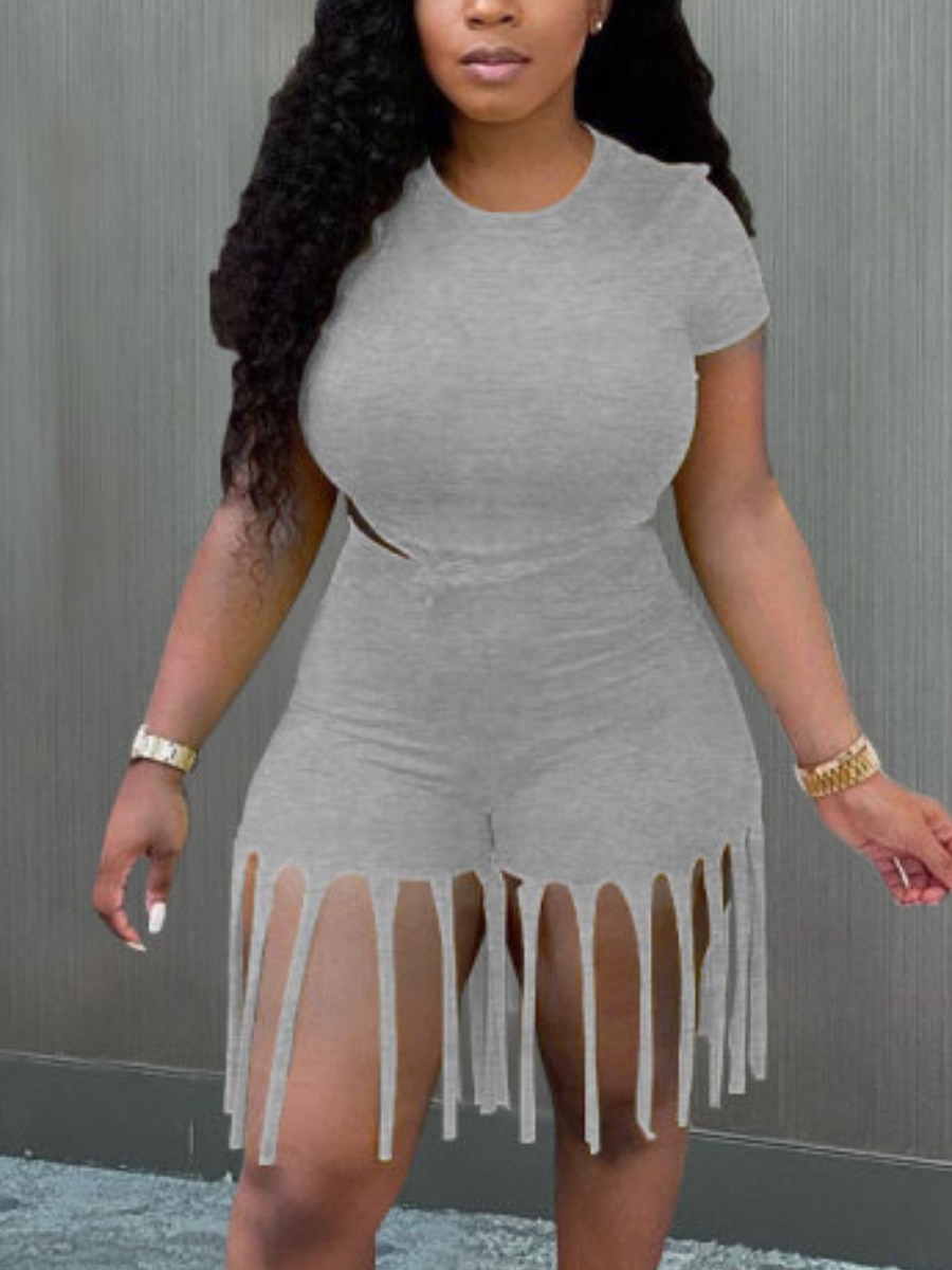 

Lovely Plus Size Casual O Neck Tassel Design Grey Two-piece Shorts Set