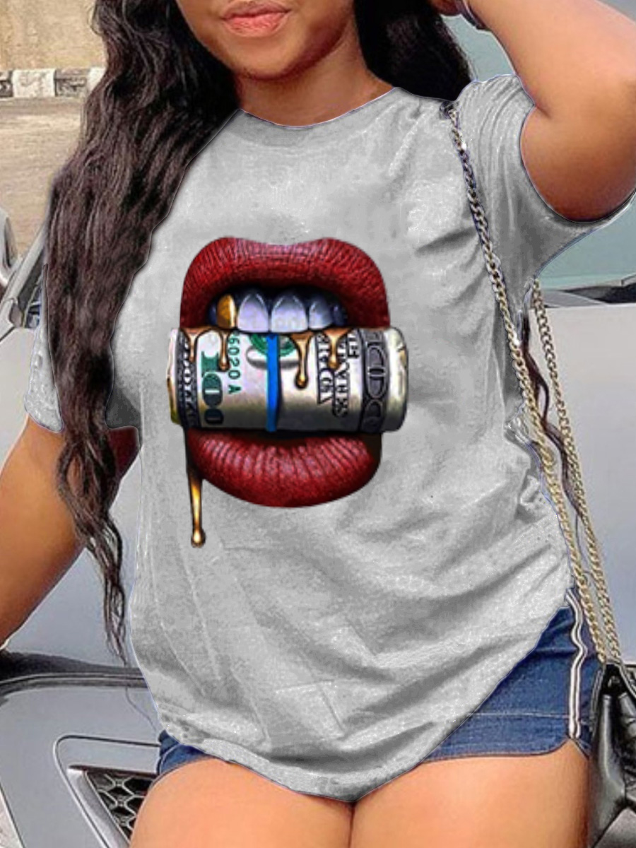 

Lovely Casual Money Lip Print Grey T-shirt