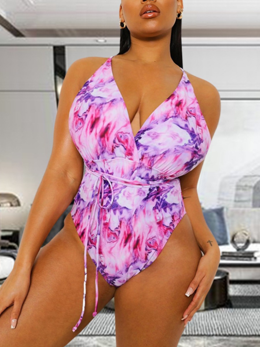 

Lovely Boho Tie-dye Backless Light Purple One-piece Swimsuit