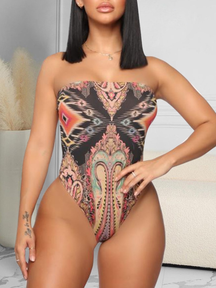 

Lovely Boho Off The Shoulder Mixed Print Multicolor One-piece Swimsuit, Multi