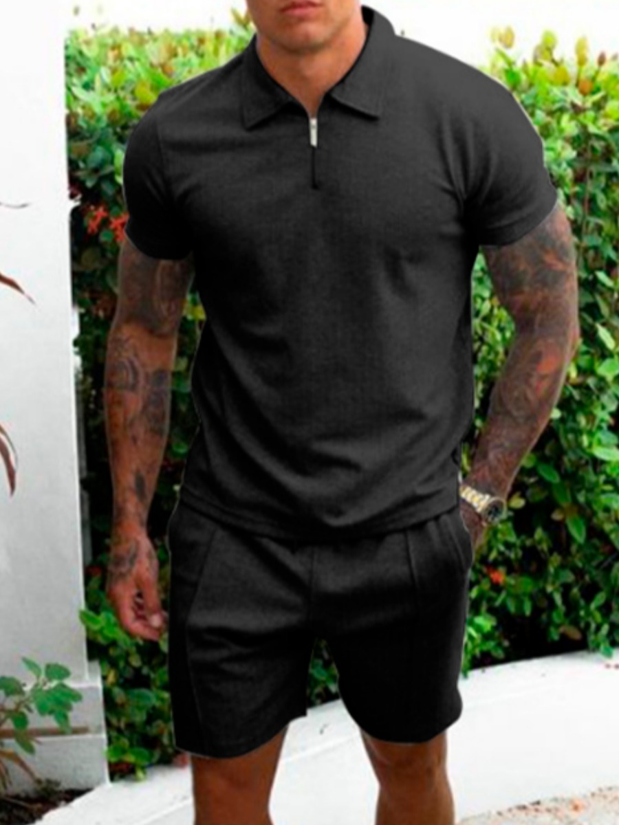 

Lovely Men Casual Turndown Collar Elastic Black Two Piece Shorts Set