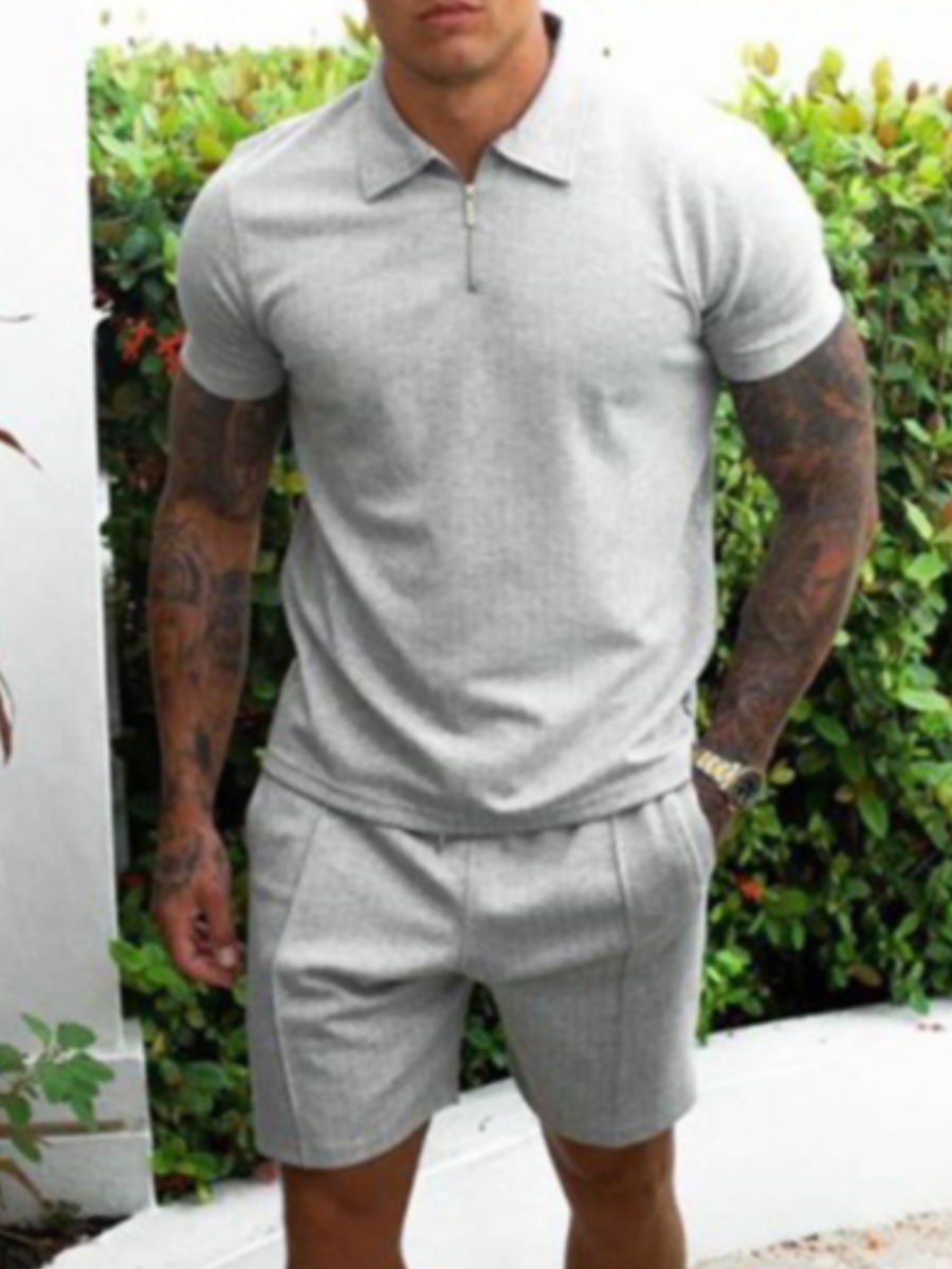 

LW Men Casual Turndown Collar Elastic Light Grey Two Piece Shorts Set