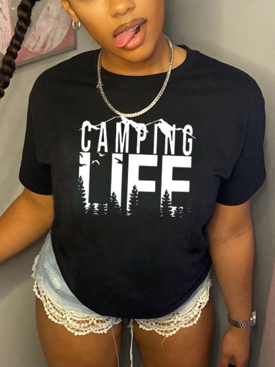 

Lovely Casual Round Neck Letter Print Black T-shirt