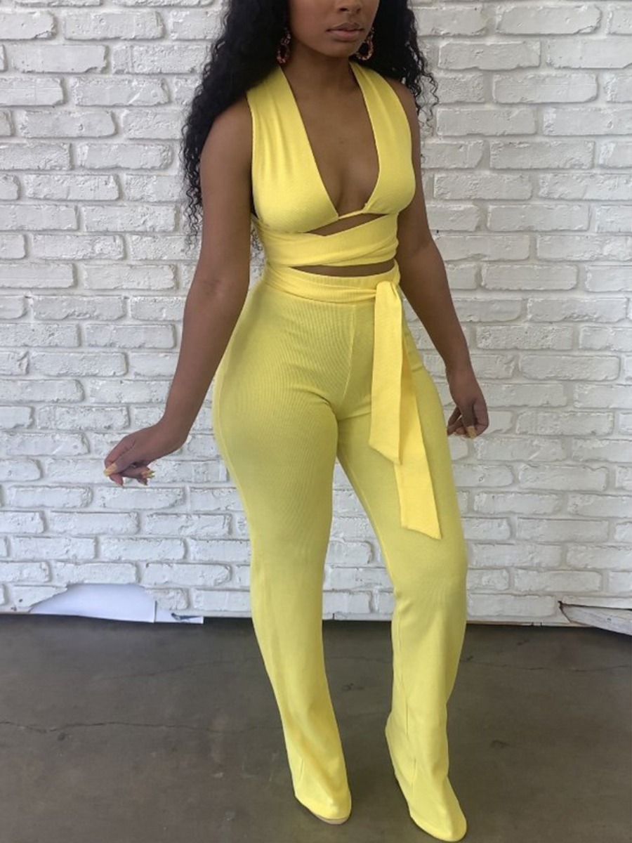 

Lovely Sweet Backless Bandage Design Yellow Two Piece Pants Set