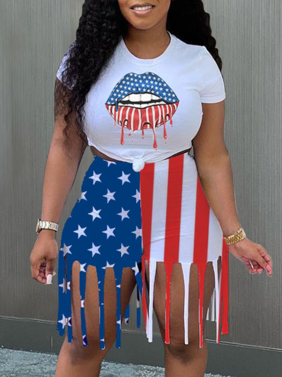 

Lovely Street Lip Print Tassel Design White Two Piece Shorts Set