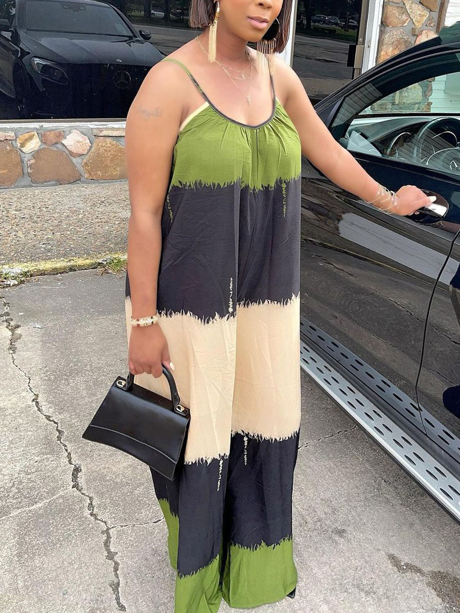 

Lovely Casual Color-lump Patchwork Loose Green Floor Length Dress