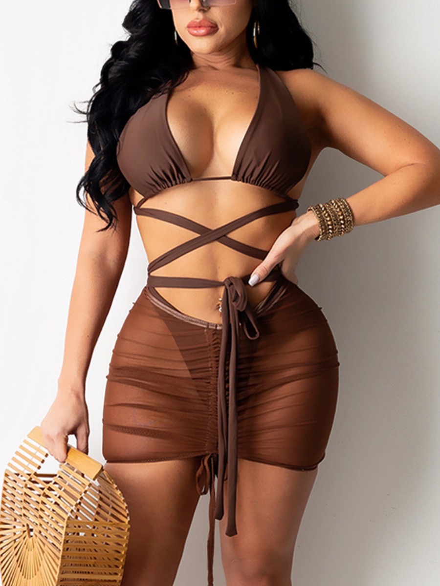 

Lovely Boho See-through Bandage Design Coffee Three-piece Swimsuit