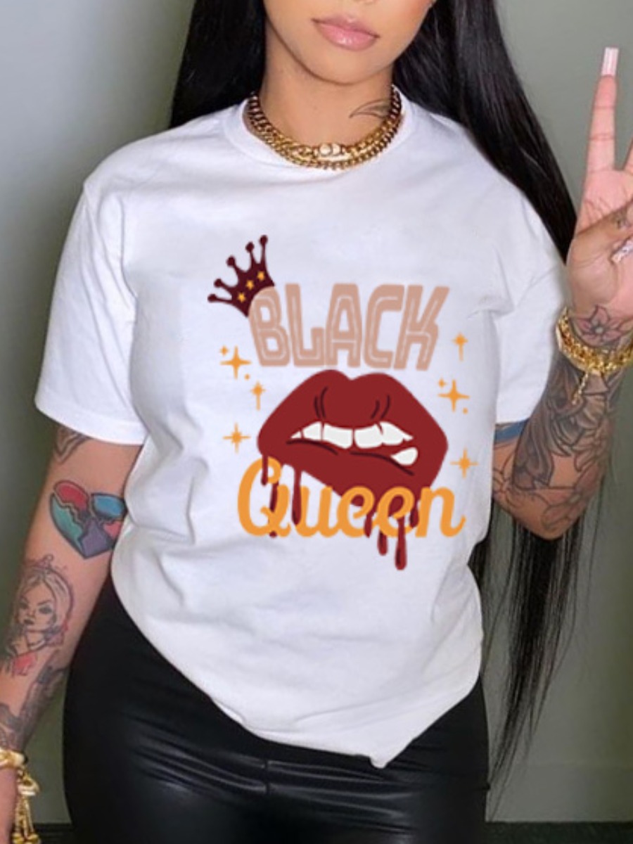 

Lovely Casual Crown Lip Letter Print White T-shirt