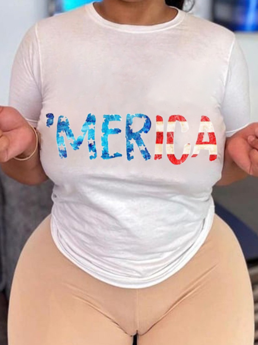 

Lovely Casual Independence Day Letter Print White T-shirt