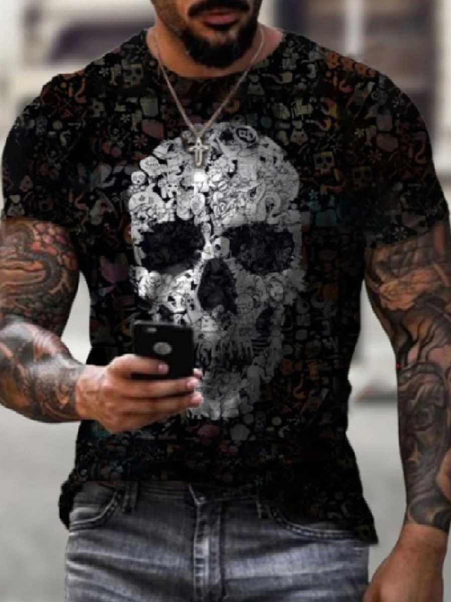 

LW Men Street Round Neck Skull Head Print Black T-shirt