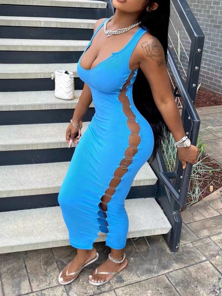 

Lovely Sexy U Neck Split Pin Design Skyblue Ankle Length Dress