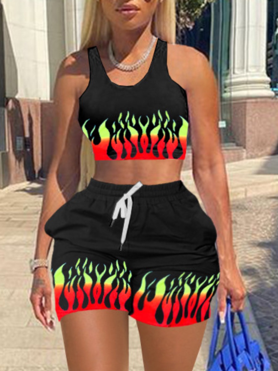 

Lovely Street Flame Print Drawstring Black Two Piece Shorts Set