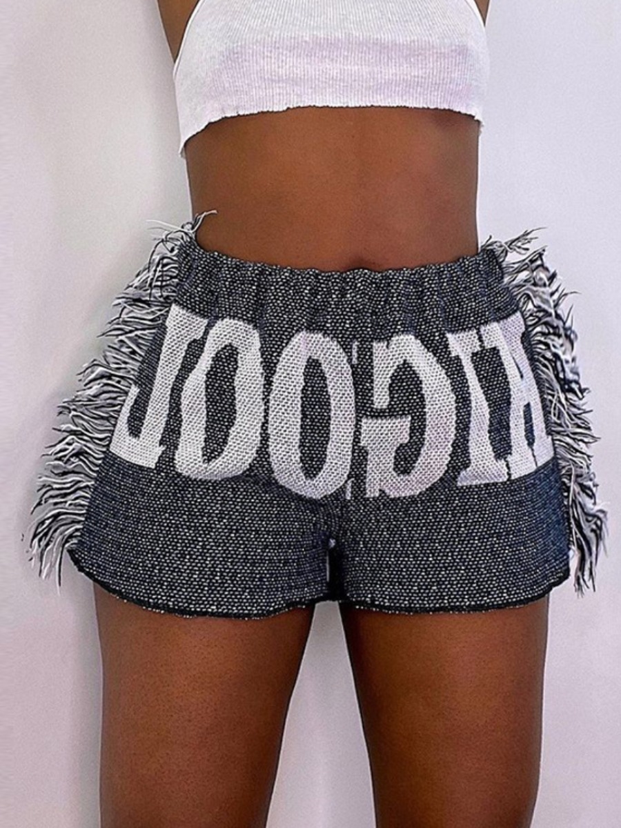 

Lovely Street Letter Print Tassel Design Grey Shorts