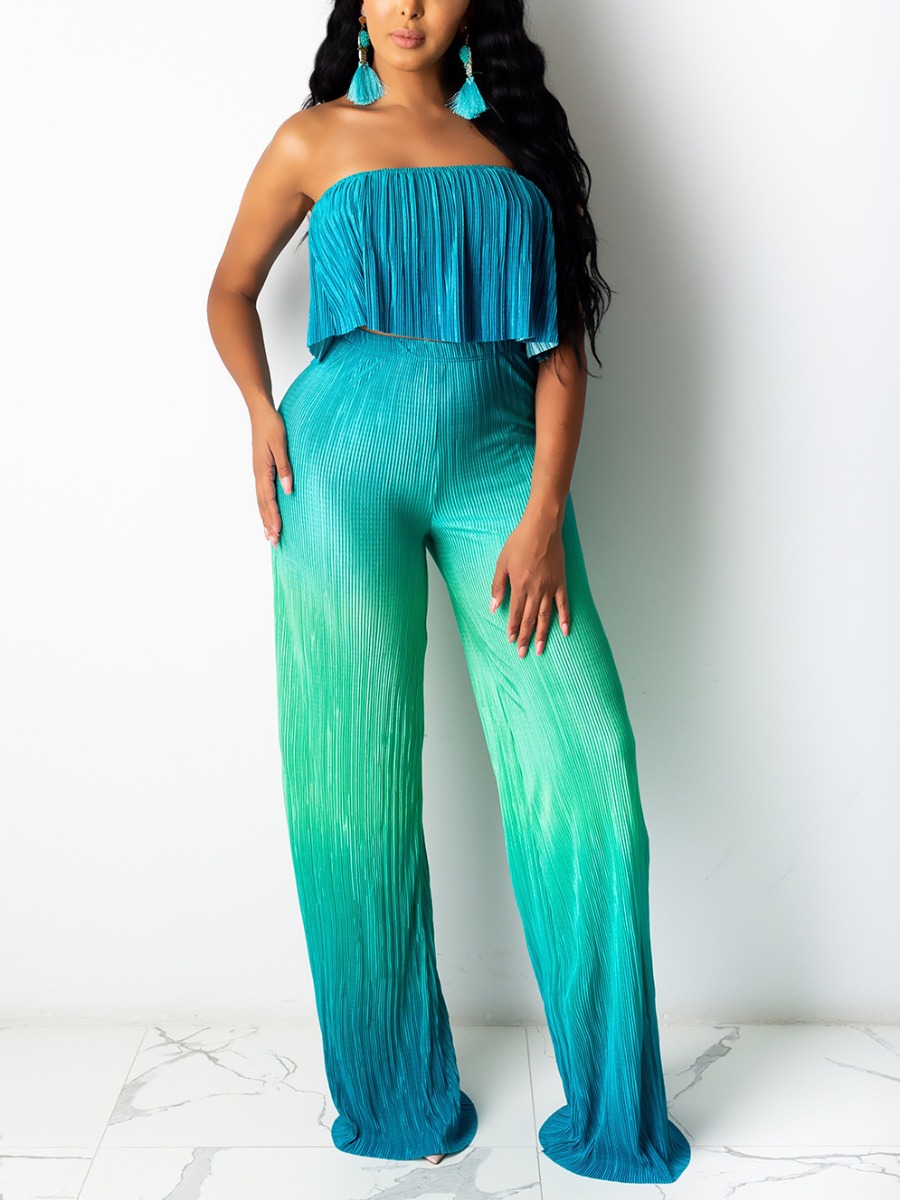 

LW Boho Off The Shoulder Gradient Blue Two Piece Pants Set