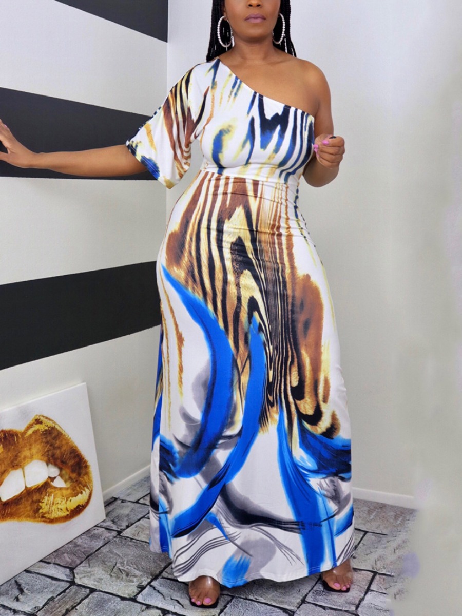 

Lovely Boho One Shoulder Print Patchwork White Floor Length Dress