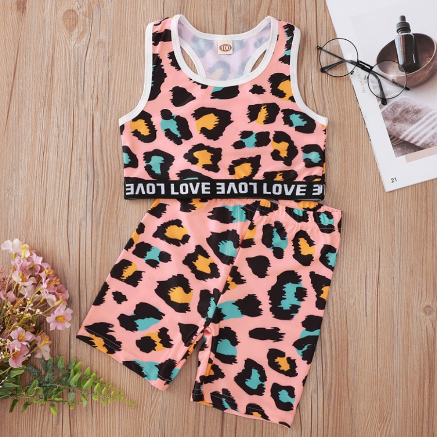

LW Girl Casual Letter Leopard Print Pink Two Piece Shorts Set