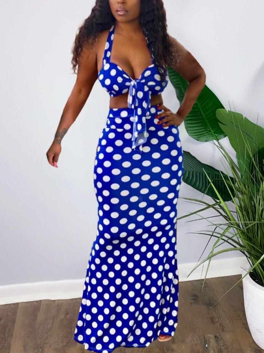 

LW Sweet Dot Print Bandage Design Blue Two Piece Skirt Set