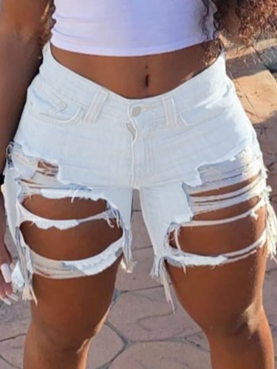 

Lovely Sexy Hollow-out Creamy White Denim Shorts, Milk white