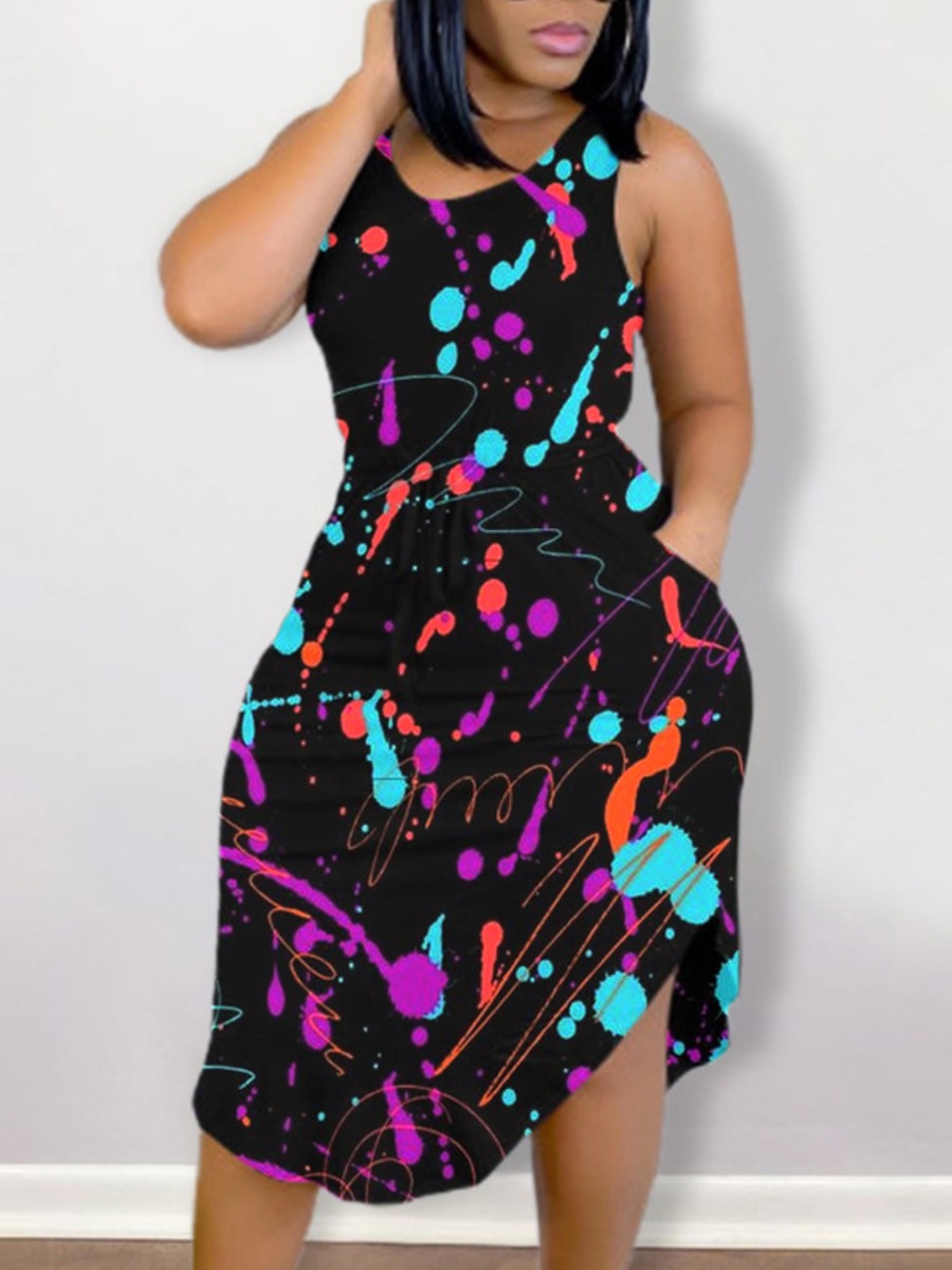 

LW Plus Size Casual Round Neck Splash-ink Design Black Knee Length Dress