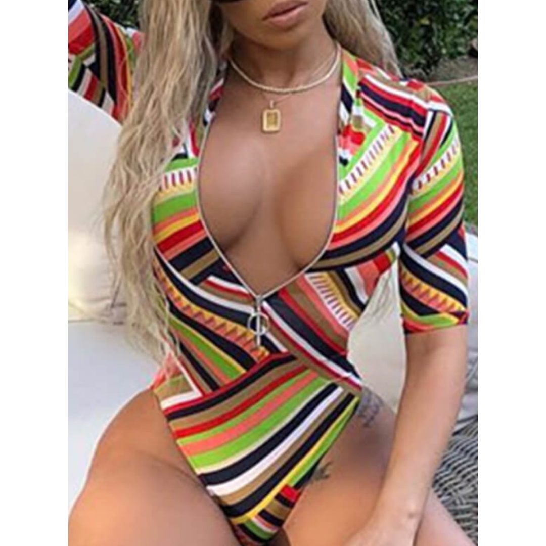 LW Striped Zipper Design One-piece Swimsuit