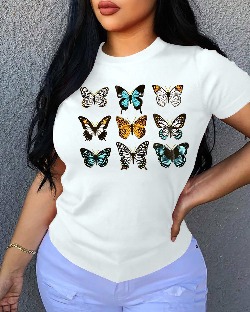 

Lovely Casual Round Neck Butterfly Print White T-shirt