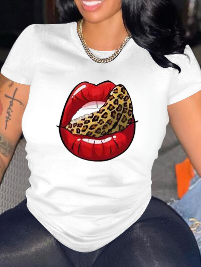 

Lovely Casual Round Neck Lip Print White T-shirt