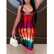 LW Casual V Neck Tie-dye Red Knee Length Dress