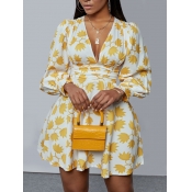 LW Sweet V Neck Floral Print Yellow Mini A Line Dr
